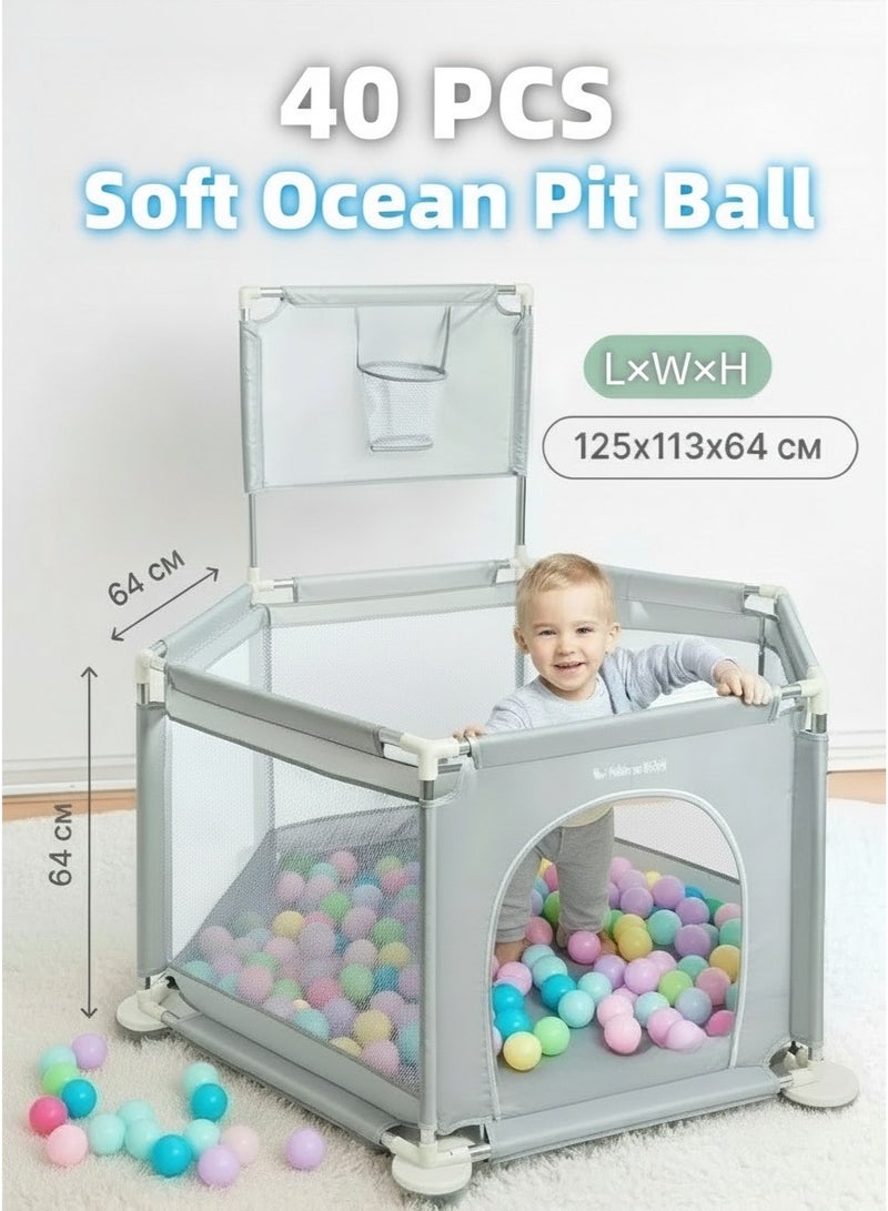 ساحة لعب للأطفال مع 40 كرة بحرية، قفص لعب قابل للطي مزود بحلقة كرة سلة، مناسب للداخل والخارج، مركز لعب آمن للرضع والأطفال الصغار - Image 2