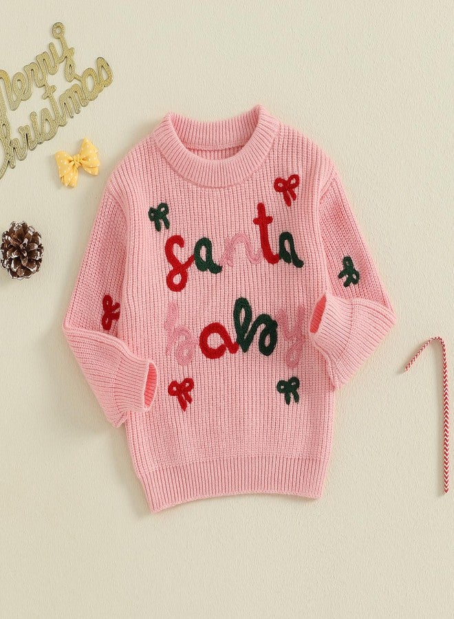 Nyapruwe Baby Girl Boy Christmas Sweater Toddler Knit Sweatshirt Infant Xmas Clothes Fall Winter Pullover Top (Pink Letter Bow, 12-18 Months) - Image 4