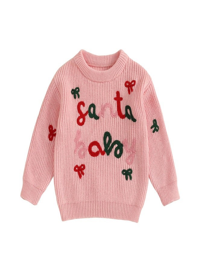 Nyapruwe Baby Girl Boy Christmas Sweater Toddler Knit Sweatshirt Infant Xmas Clothes Fall Winter Pullover Top (Pink Letter Bow, 12-18 Months) - Image 1