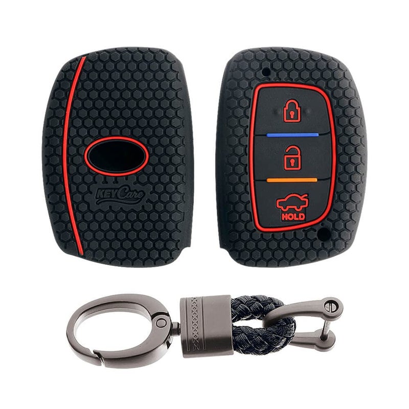 KeyZone Keycare Silicone Key Cover Compatible for Exter, Elite i20, Active i20, Aura, Xcent, Tucson, Elantra 3 Button Smart Key (Push Button Start Models only) (Black with Alloymetal Black keyholder) - Image 1