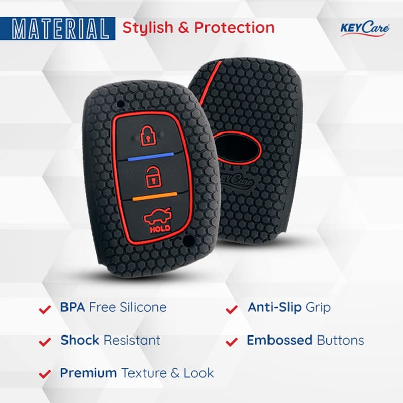 KeyZone Keycare Silicone Key Cover Compatible for Exter, Elite i20, Active i20, Aura, Xcent, Tucson, Elantra 3 Button Smart Key (Push Button Start Models only) (Black with Alloymetal Black keyholder) - Image 5