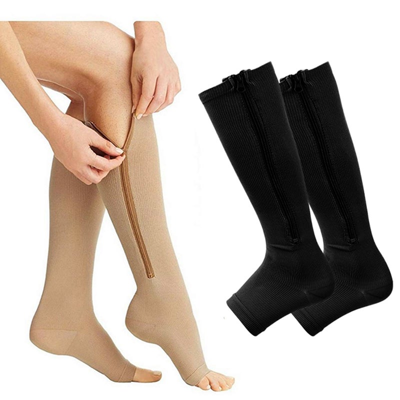 2 Pair Socks Zipper Leg Calf Sleeves Toeless for Running Hiking Climbing Driving Standing Flight Swelling Pain Relieve - Image 1