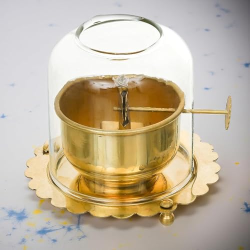 Sanvatsar Traditional Brass Incense Burner, Gold, Decorative Dome Design with Lattice Pattern, Smoke Diffuser for Home (Brass Akhand Jyot Diya) - Image 1