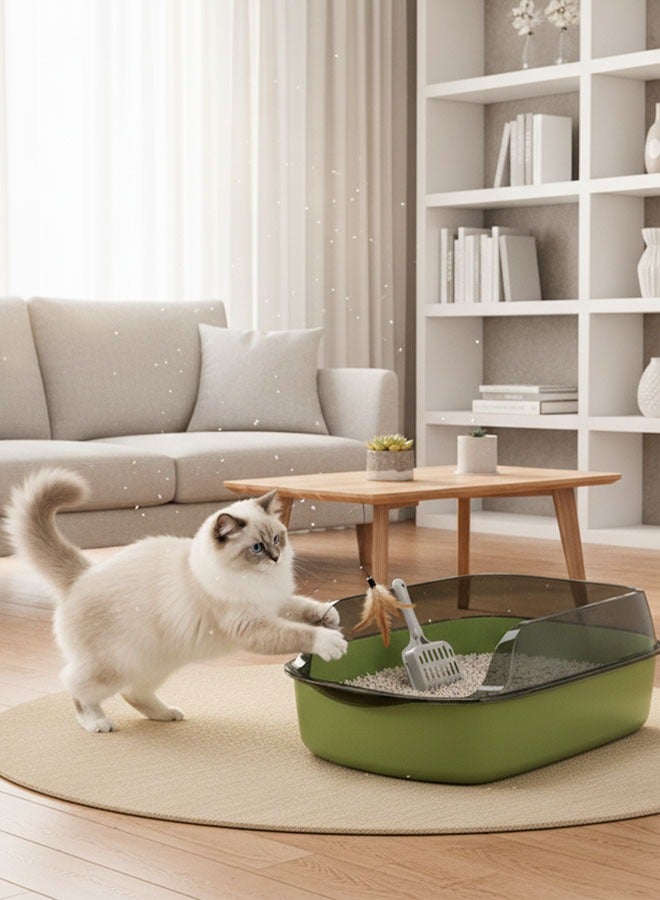 وانغبانغزي صندوق فضلات كبير للقطط بجوانب عالية، صندوق فضلات شبه مغلق، صينية فضلات قابلة للفصل مانعة للتناثر، مرحاض للقطط الصغيرة مع مجرفة لتصفية الفضلات، سهل التنظيف وبدون رائحة - Image 1