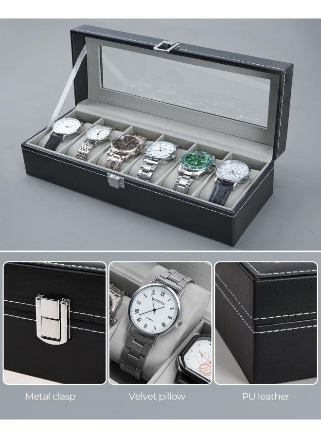 6 فتحات صندوق مراقبة منظم للرجال، حامل ساعة سوداء حافظة عرض تخزين - Image 5
