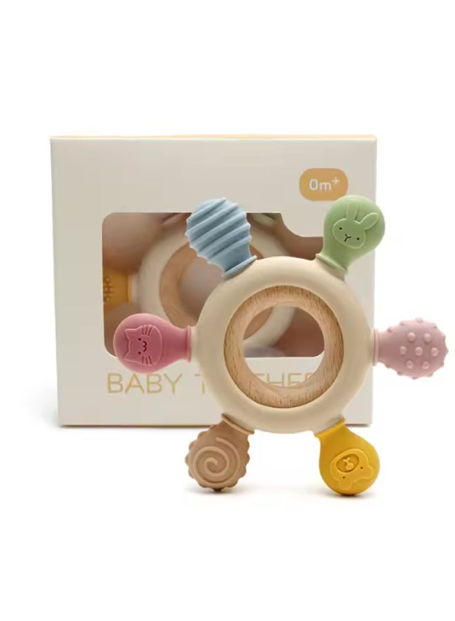 BPA Free Silicone and Wooden Baby Teethers - Suitable For Any Age - 10.7x3x11.7 cm - Multicolor  - Image 1