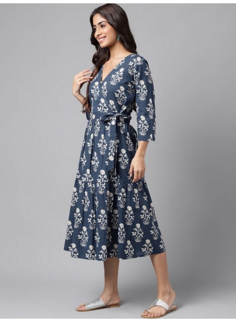 IndHeritage - Premium cotton dark blue dress with floral prints - Wrap around dress with tie on the waist - IDH00152 - Image 4