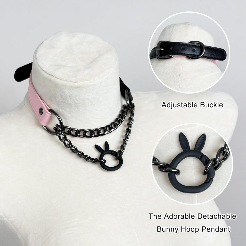 EverGlimp Leather Choker Collar Necklace For Women,Cute Skull Gothic Punk Rock Choker Necklace Collars (BUNNY, PINK) - Image 3