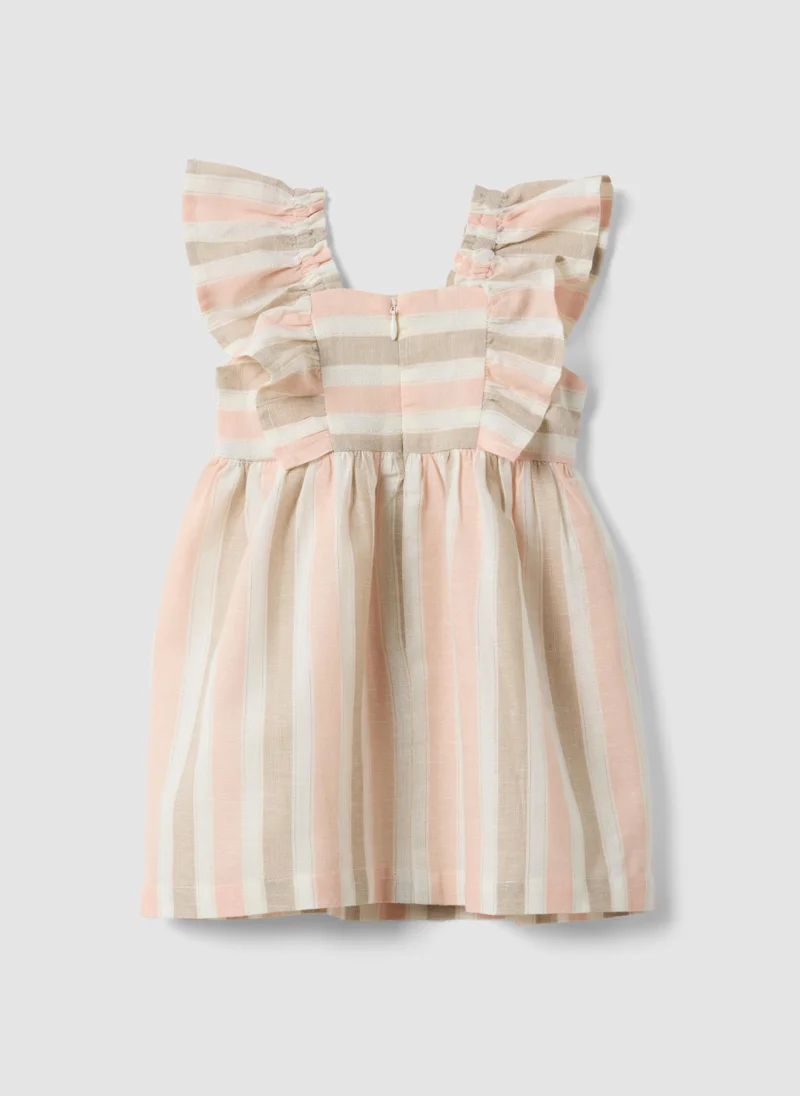 Ovs OVS Pink Striped Cotton And Linen-Blend Dress With Ruffles