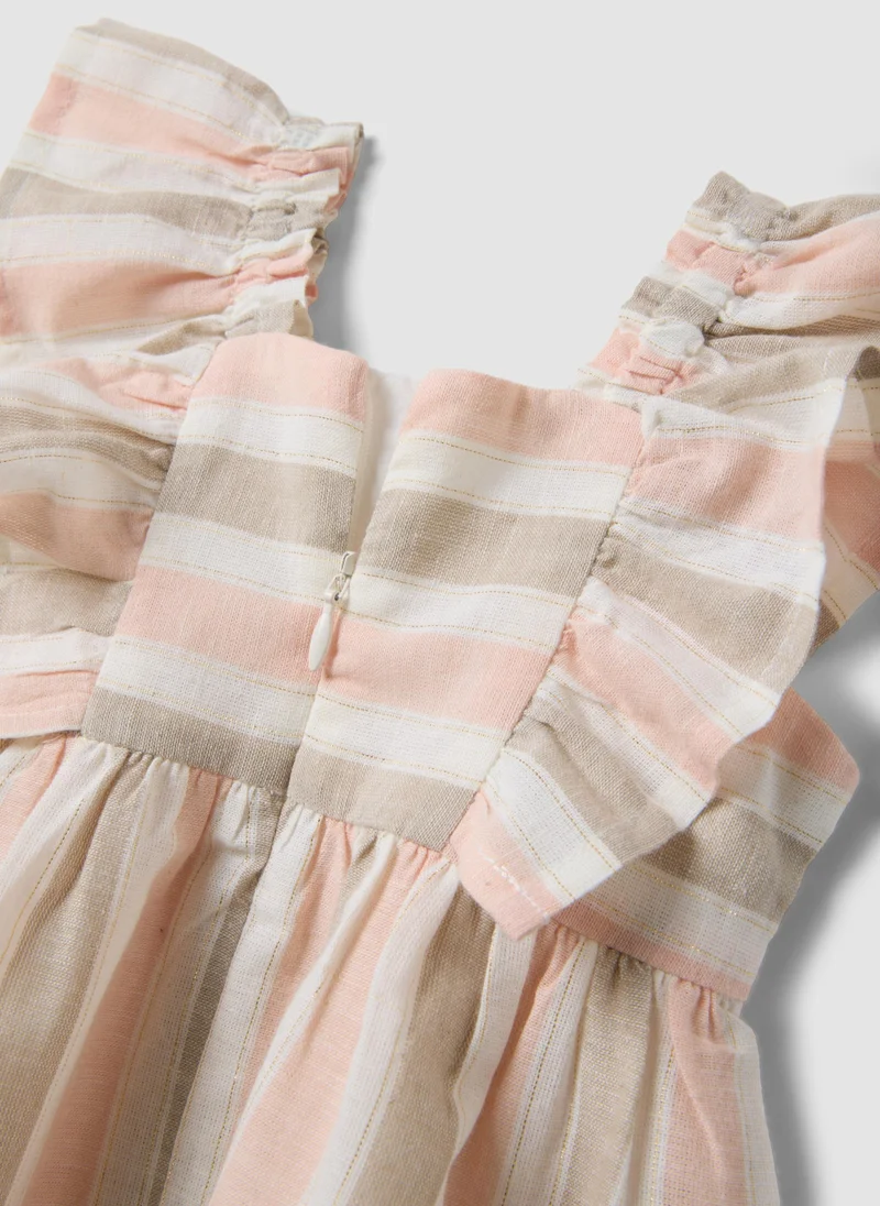 Ovs  OVS Pink Striped Cotton And Linen-Blend Dress With Ruffles for Women | Best Price UAE