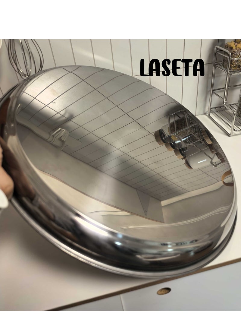 Laseta صينية دائرية من الفولاذ المقاوم للصدأ بحجم كبير 60 سم (23.5 بوصة) – مقاومة للصدأ، صينية بيتزا، آمنة للغسل في غسالة الصحون، صينية تقديم للطعام، صينية معدنية من الدرجة الغذائية - Image 3