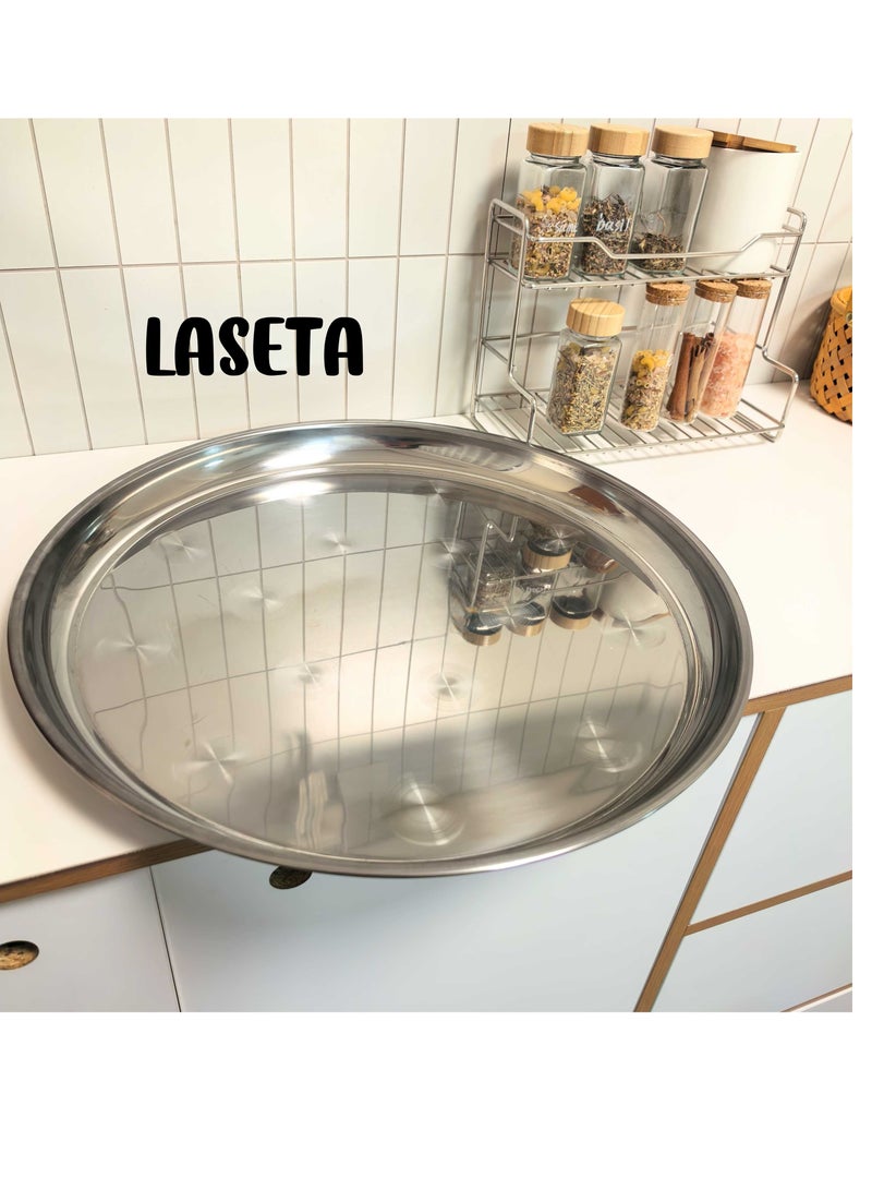 Laseta صينية دائرية من الفولاذ المقاوم للصدأ بحجم كبير 60 سم (23.5 بوصة) – مقاومة للصدأ، صينية بيتزا، آمنة للغسل في غسالة الصحون، صينية تقديم للطعام، صينية معدنية من الدرجة الغذائية - Image 2