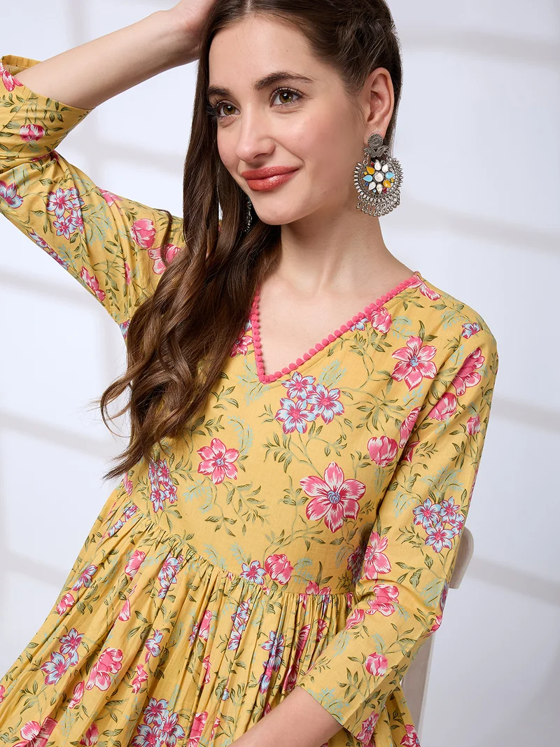 globus Women Pom Pom Lace V-Neck Floral Print Pleated A-Line Kurta With Pants Workwear Set
