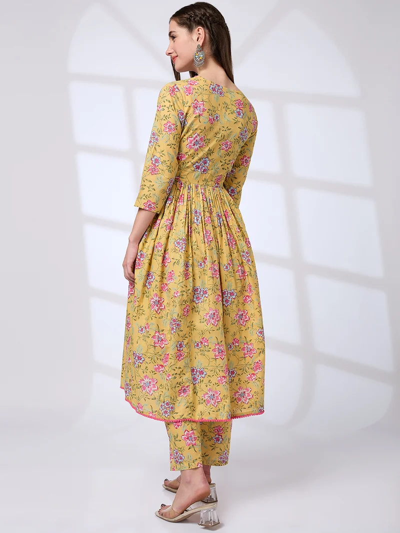 globus Women Pom Pom Lace V-Neck Floral Print Pleated A-Line Kurta With Pants Workwear Set