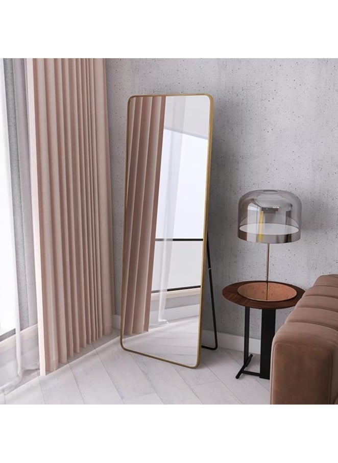 Decorhills - Full-Length Mirror Round Corner Aluminum Alloy Frame Floor Full Body Large Mirror, Leaning Against Wall or Stand Up for Living Room or Bedroom, Rose Gold 65 x 180cm - Image 1