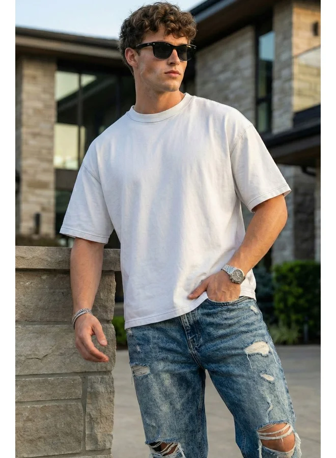فيردو Veirdo®White Oversized Baggy Fit Drop Shoulder Half Sleeves Round Neck Solid Pure Cotton T-Shirt for Men (OS_100_White_S)