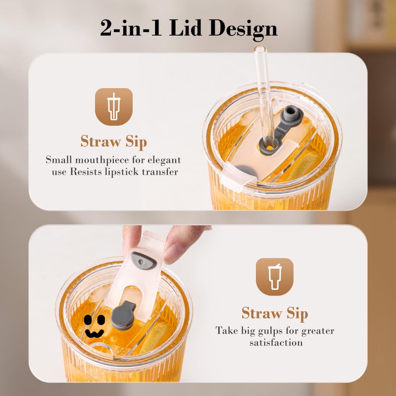 GOSCHE 20oz Glass Tumblers with Straws and Lids, Ribbed Iced Coffee Cups Leak-proof, Dishwasher Safe, Thickened Glass Cups with Lids Ideal for Coffee and Travel, Clear, 4 Pack - Image 5