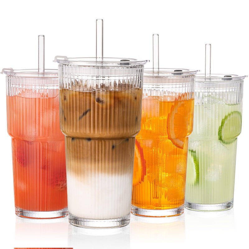 GOSCHE 20oz Glass Tumblers with Straws and Lids, Ribbed Iced Coffee Cups Leak-proof, Dishwasher Safe, Thickened Glass Cups with Lids Ideal for Coffee and Travel, Clear, 4 Pack - Image 1