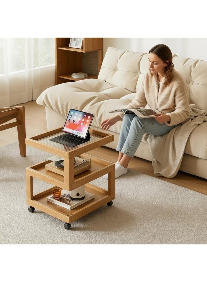 Sharpdo 3-Tier Rolling Side Table with Tempered Glass Shelves – Natural Bamboo Frame Mobile Cart for Living Room, Bedroom, Kitchen & Small Spaces – Easy Assembly, Multi-Functional End Table - Image 5