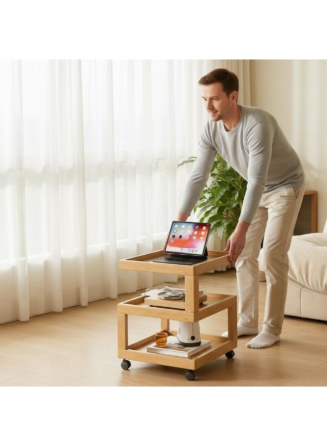 Sharpdo 3-Tier Rolling Side Table with Tempered Glass Shelves – Natural Bamboo Frame Mobile Cart for Living Room, Bedroom, Kitchen & Small Spaces – Easy Assembly, Multi-Functional End Table - Image 2