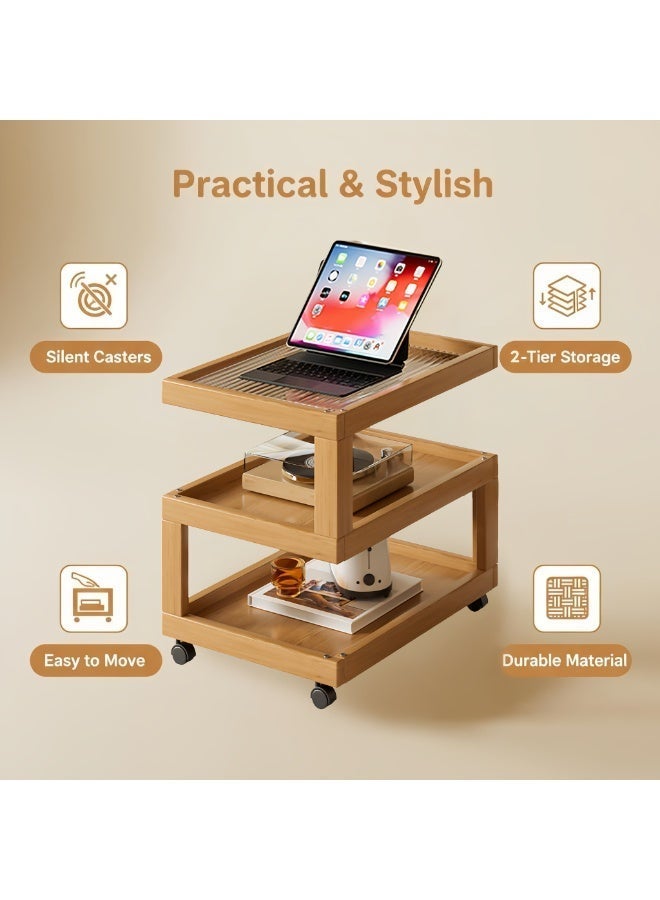 Sharpdo 3-Tier Rolling Side Table with Tempered Glass Shelves – Natural Bamboo Frame Mobile Cart for Living Room, Bedroom, Kitchen & Small Spaces – Easy Assembly, Multi-Functional End Table - Image 3