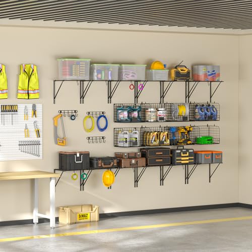 ThreeHio 2 Pack Garage Shelves Wall Mounted with Wire baskets, Heavy Duty Garage Wall Shelving with Hooks, Wire Shelf Baskets Tool Organizer for Home Garden Garage Organization and Storage - Image 4