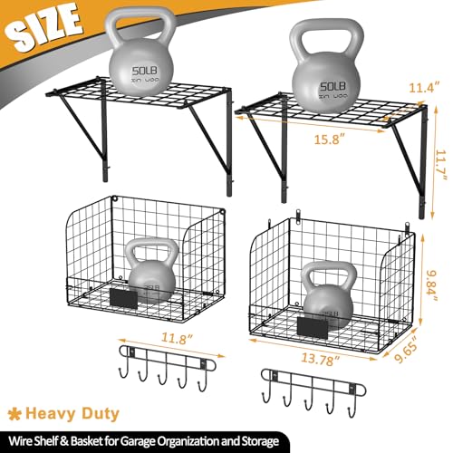 ThreeHio 2 Pack Garage Shelves Wall Mounted with Wire baskets, Heavy Duty Garage Wall Shelving with Hooks, Wire Shelf Baskets Tool Organizer for Home Garden Garage Organization and Storage - Image 5