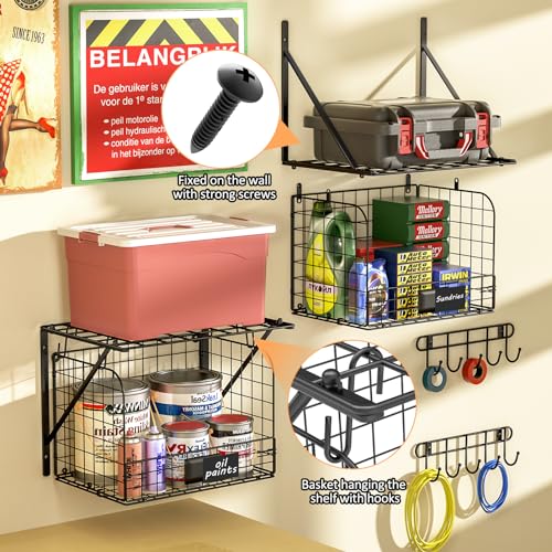 ThreeHio 2 Pack Garage Shelves Wall Mounted with Wire baskets, Heavy Duty Garage Wall Shelving with Hooks, Wire Shelf Baskets Tool Organizer for Home Garden Garage Organization and Storage - Image 3