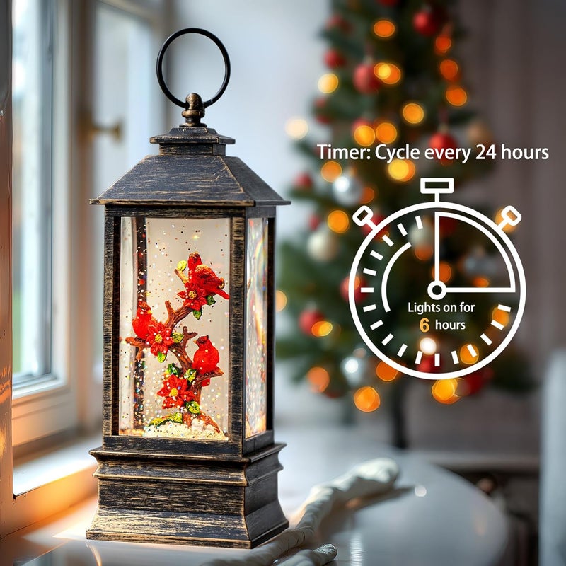 ZQQLITE Christmas Snow Globe Lantern Indoor Decor Cardinal with Music,6H Timer,USB Lined/Battery Operated Lighted Lantern for Christmas Festival Decoration Giftsts - Image 2