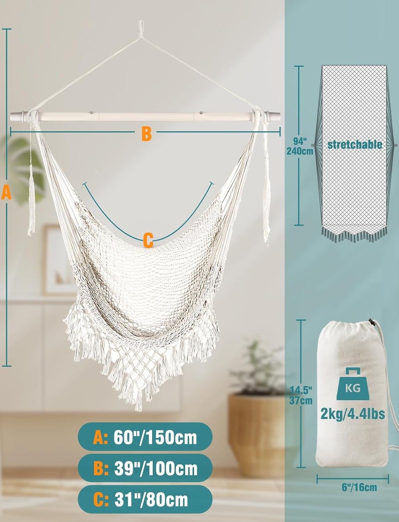 Chihee Hanging Chair Large Hammock Chair Soft Spun Cotton Rope Weave Chair Strong Metal Spreader Bar Wide Seat Lace Swing Chair Indoor Outdoor Garden Yard Theme Decoration - Image 4