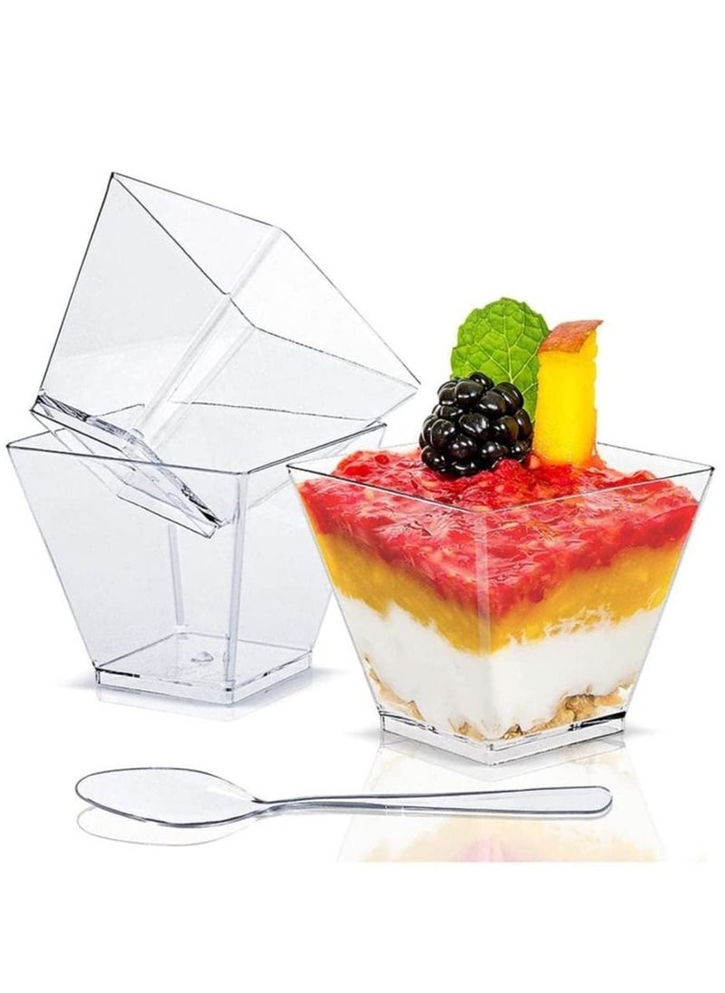 Y&D Pack of 50 Dessert Cups 2 oz / 60 ml Cup with Spoons DIY Plastic Reusable Bowls for Mousse Chocolate Custard Pudding Desserts Picnic Party  - Image 1