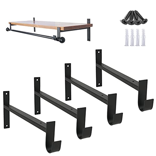 AddGrace Closet Rod Bracket Heavy Duty Shelf Brackets 12 Inch Black Wall Mounted Closet Rod Support with Pole Holder Industrial Iron Shelving Supports with Hook (4 Pack) - Image 1