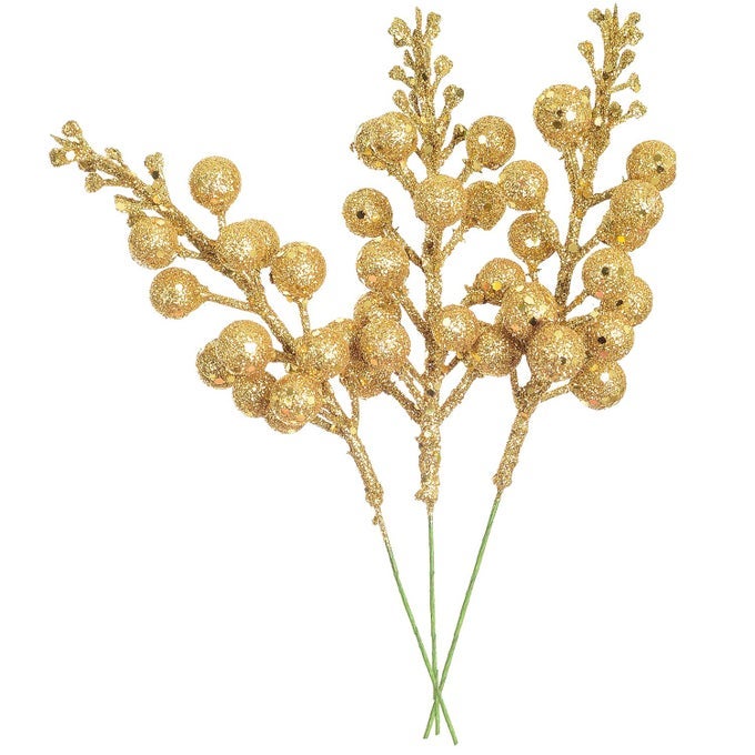 16pcs Christmas Glitter Berries Stems 78 Artificial Christmas Picks for Christmas Tree Ornaments DIY Xmas Wreath Crafts Holiday and Home Decor Gold