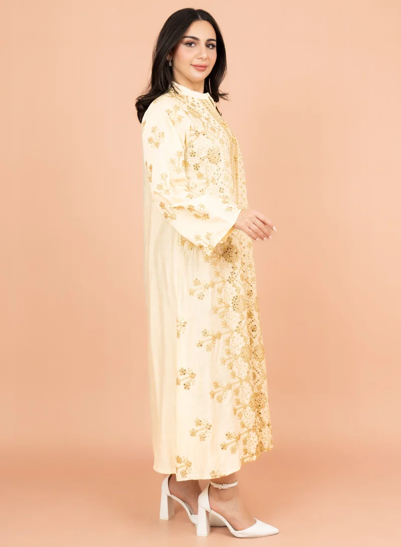 IKKXA Elegant Jalabiya with Intricate Embroidery Work IK6005 Beige