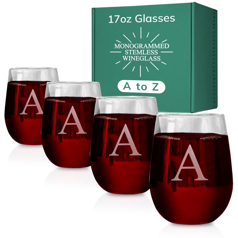 Morning Fog Studios Morning Fog Studios Personalized Stemless Wine Glasses Set of 417oz Monogrammed Glassware for Personalized Celebration Perfect for Weddings Anniversaries and Special Occasion Gifting A 