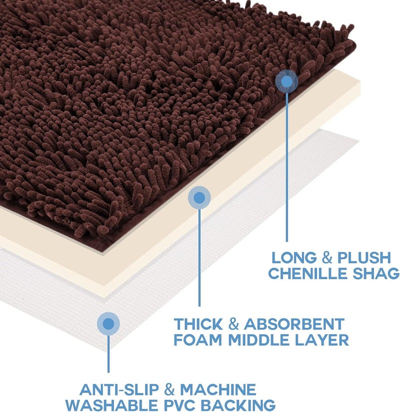 RIVUGJA Shaggy Chenille Rectangular Bath Mat 50X80 Cm Extra Soft Super Absorbent Anti Skid Door Mats for HomeBathroomBedroomKitchenFloor Mat Brown - Image 5