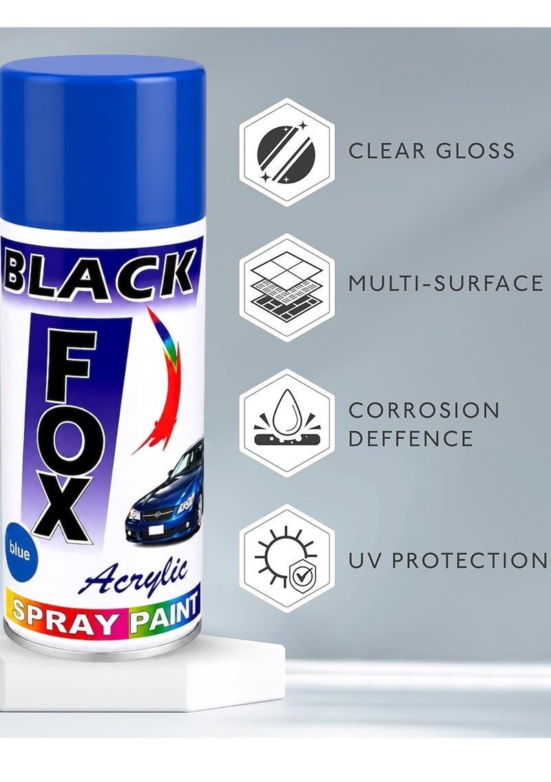 بلاك فوكس طلاء بخاخ أكريليك BLACK FOX باللون الأزرق (400 مل) - متعدد الاستخدامات، سريع الجفاف، يمنح لمسة نهائية ناعمة ولامعة. مناسب للمعادن والخشب والزجاج والجدران والأثاث والقماش والأعمال الحرفية والديكور وإصلاح طلاء السيارات. - Image 2