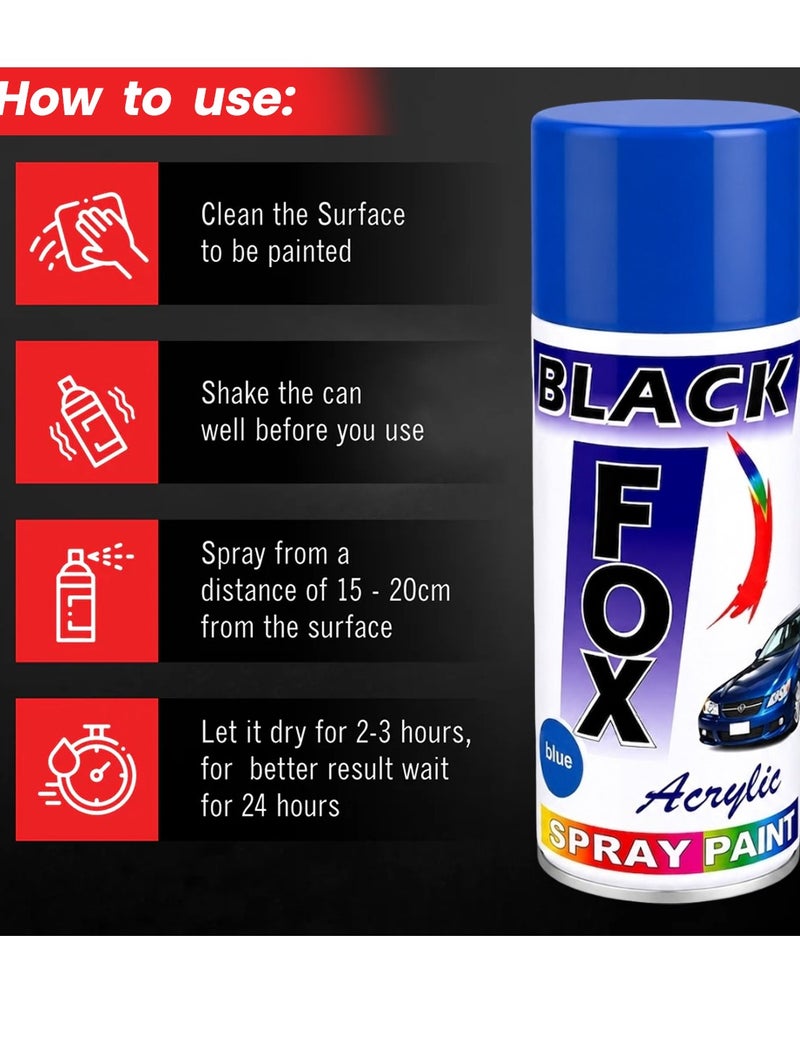 بلاك فوكس طلاء بخاخ أكريليك BLACK FOX باللون الأزرق (400 مل) - متعدد الاستخدامات، سريع الجفاف، يمنح لمسة نهائية ناعمة ولامعة. مناسب للمعادن والخشب والزجاج والجدران والأثاث والقماش والأعمال الحرفية والديكور وإصلاح طلاء السيارات. - Image 3