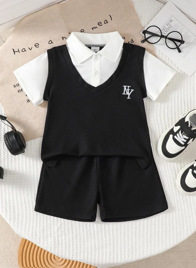 تايك تو Take Two Boys 2in1 Style Textured Polo T-Shirt and Shorts Set