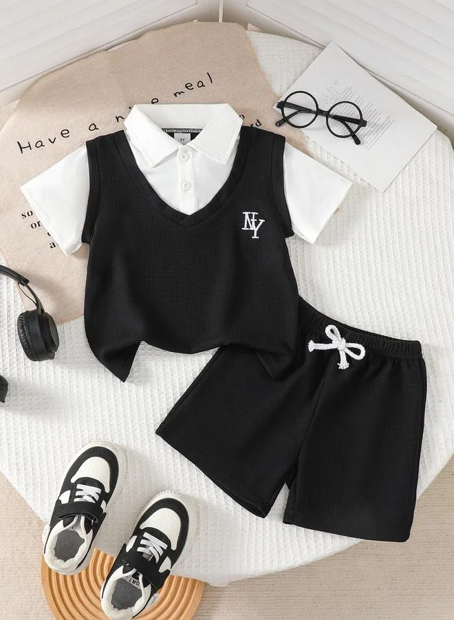 تايك تو Take Two Boys 2in1 Style Textured Polo T-Shirt and Shorts Set