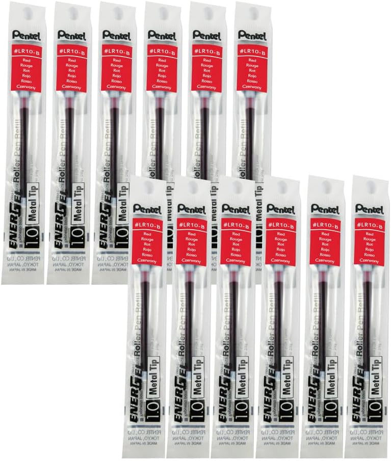 Pentel Refill Ink for BL60 EnerGel Liquid Gel Pen, 1.0mm, Metal Tip, Red Ink, Box of 12 (LR10-B-12) - Image 1