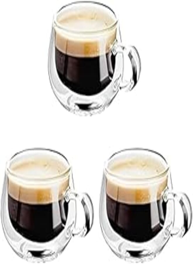 Double Walled Glass Small Coffee Cups with Handle, Set of 3 Hollow Vacuum Sealed 75ml Espresso Cup, Hand Made, Heat Resistant 