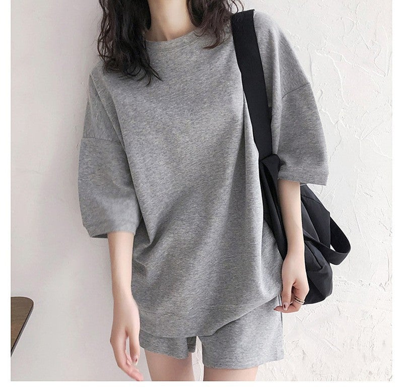 Sports suit Womens 2025 New Fashion suit Short-sleeved T-shirt Womens Casual Two-piece High Waist plus size Shorts Light gray  - Image 1