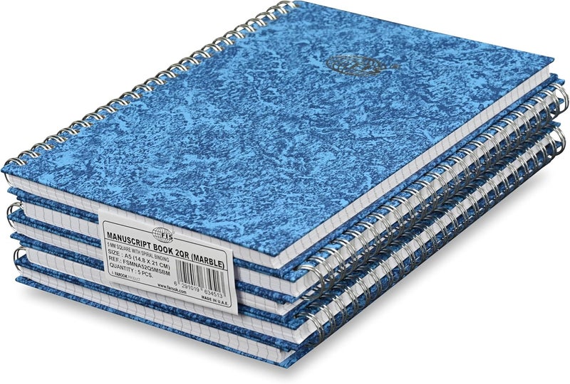 FIS Manuscript Notebooks, A5 Size, 5mm Square Grid, Pack of 5, Hard Marble Blue Cover - Image 1