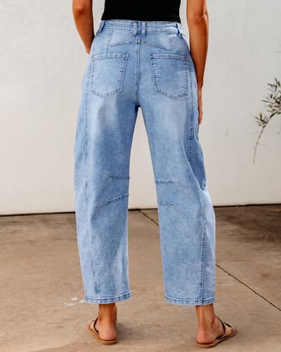 GRAPENT Country Concert Outfits for Women Wide Leg Cropped Pants Short Jeans for Women Barrel Leg Boyfriend Jeans Trousers Stretchy Color Roadnight Blue Small Size 4 Size 6 - Image 2