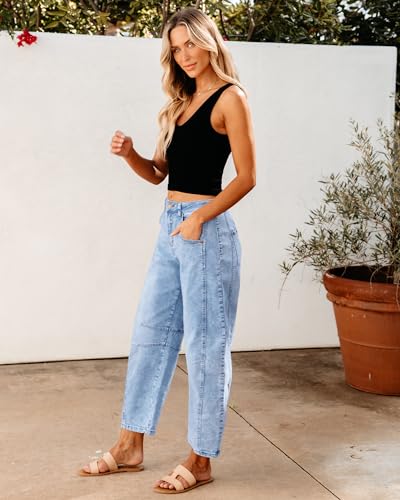 GRAPENT Country Concert Outfits for Women Wide Leg Cropped Pants Short Jeans for Women Barrel Leg Boyfriend Jeans Trousers Stretchy Color Roadnight Blue Small Size 4 Size 6 - Image 5