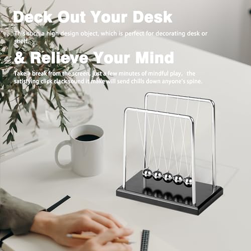BEWITU Large Newtons Cradle Balance Pendulum 5 Balls, Wooden Base Newton's Cradle, Desktop Toys Kinetic Toys for Adults, Office Home Desk Décor, Fun Science Physics Learning - Image 5