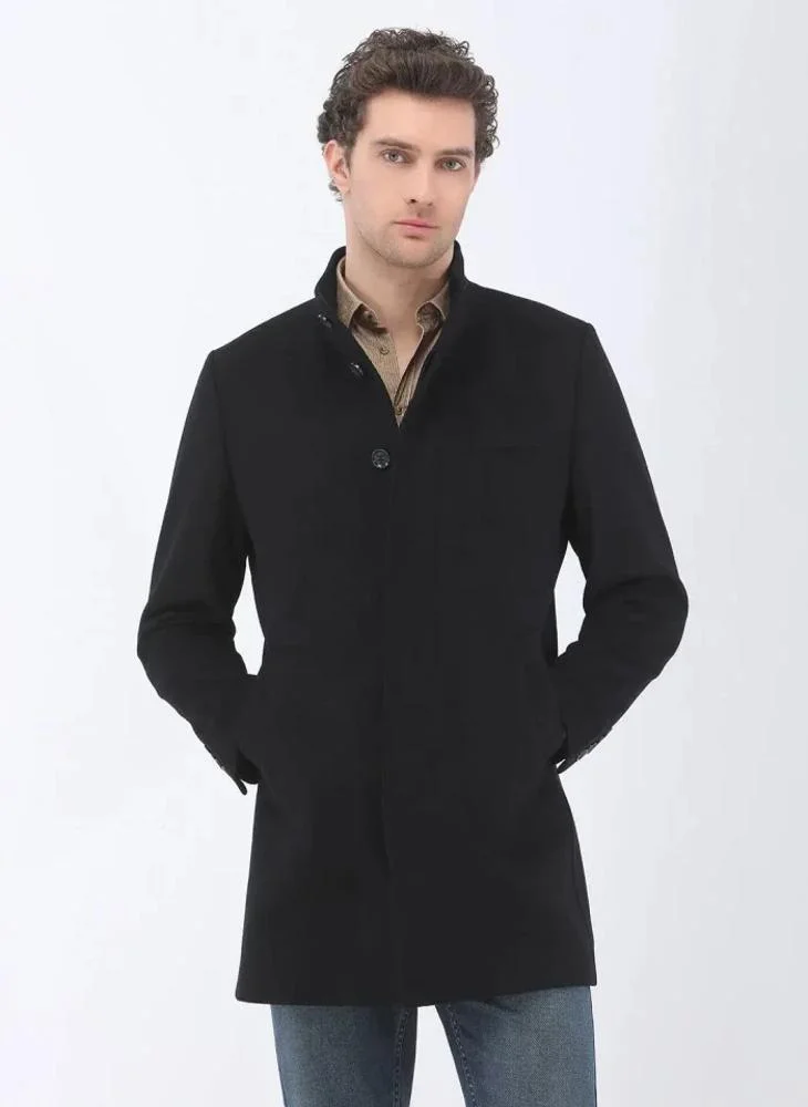 Kip Black Regular Fit Turtleneck Classical Weaving Overcoat