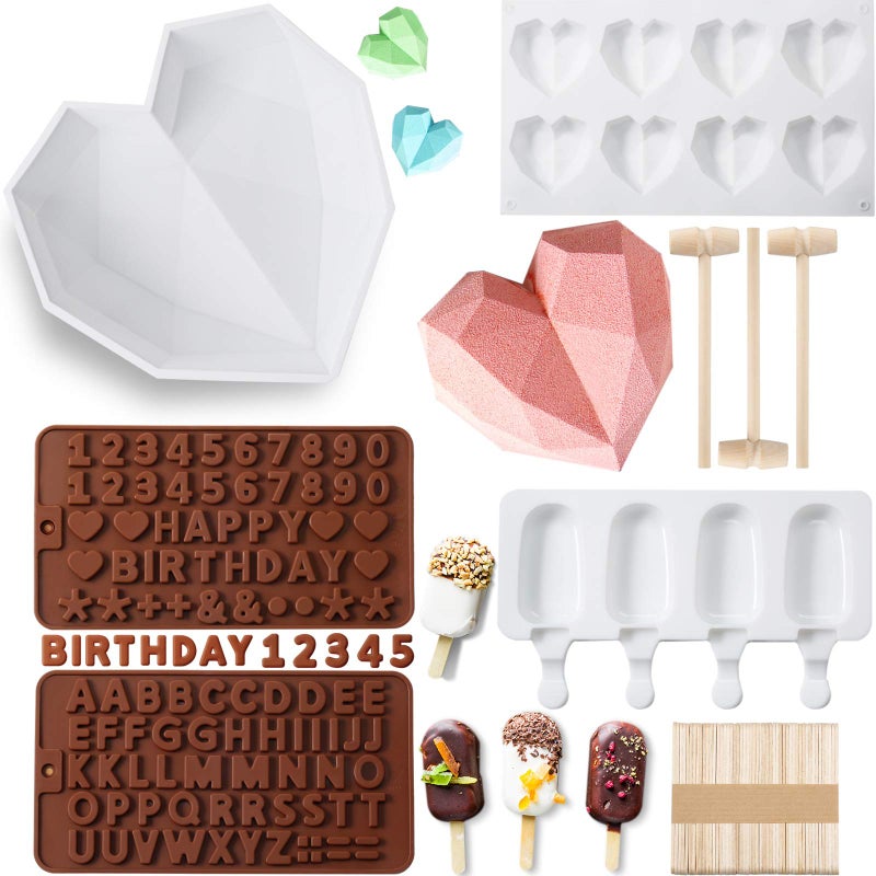 Patelai 5 Pcs Silicone Chocolate Mold Diamond Heart Cake Ice Lolly Letter and Number Mold with 3 Mini Wooden Hammers and 50 Wooden Sticks for Valentines Day Chocolate MousseBrown White