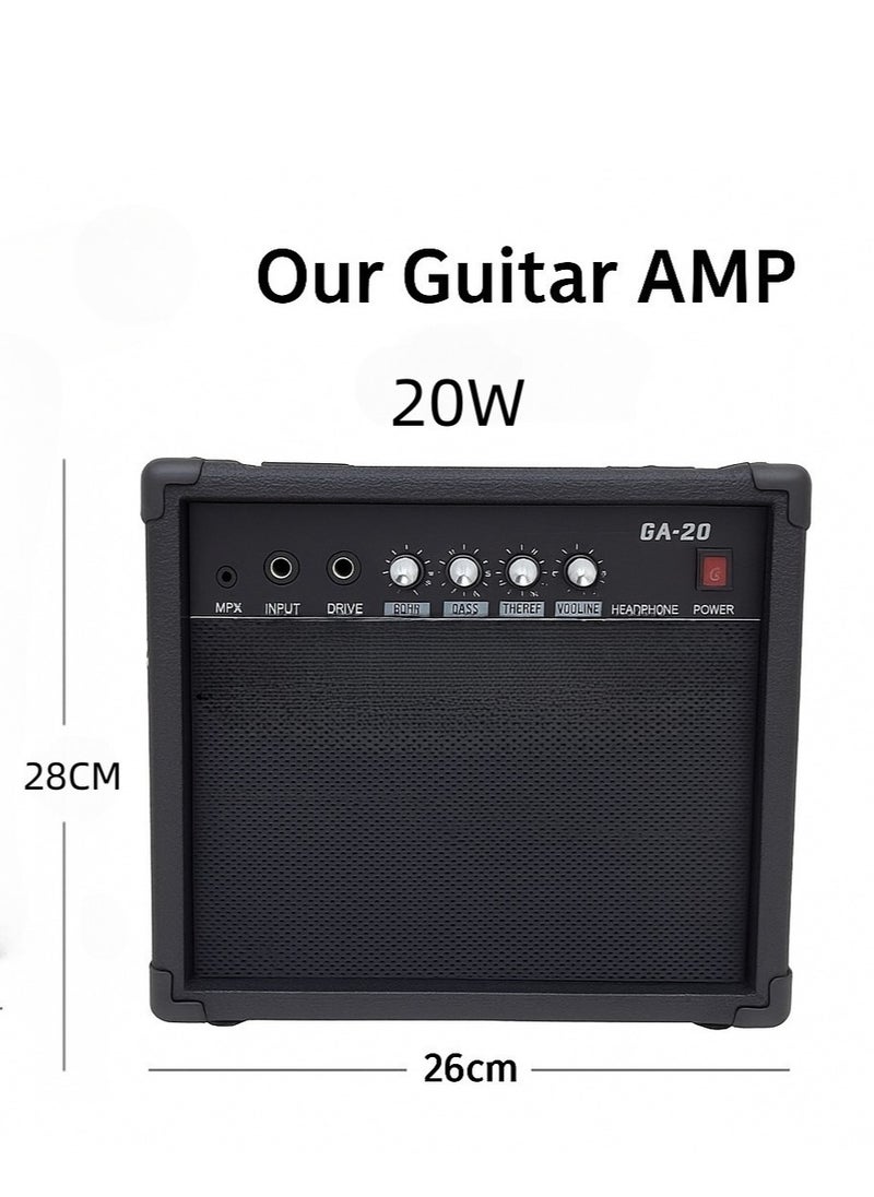 Full Size Electric Guitar Kit with 20W AMP – Black Strat Style with Gig Bag, Strap, Pick, Cable, Tremolo Arm & Extra Strings – Beginner Starter Pack (black)